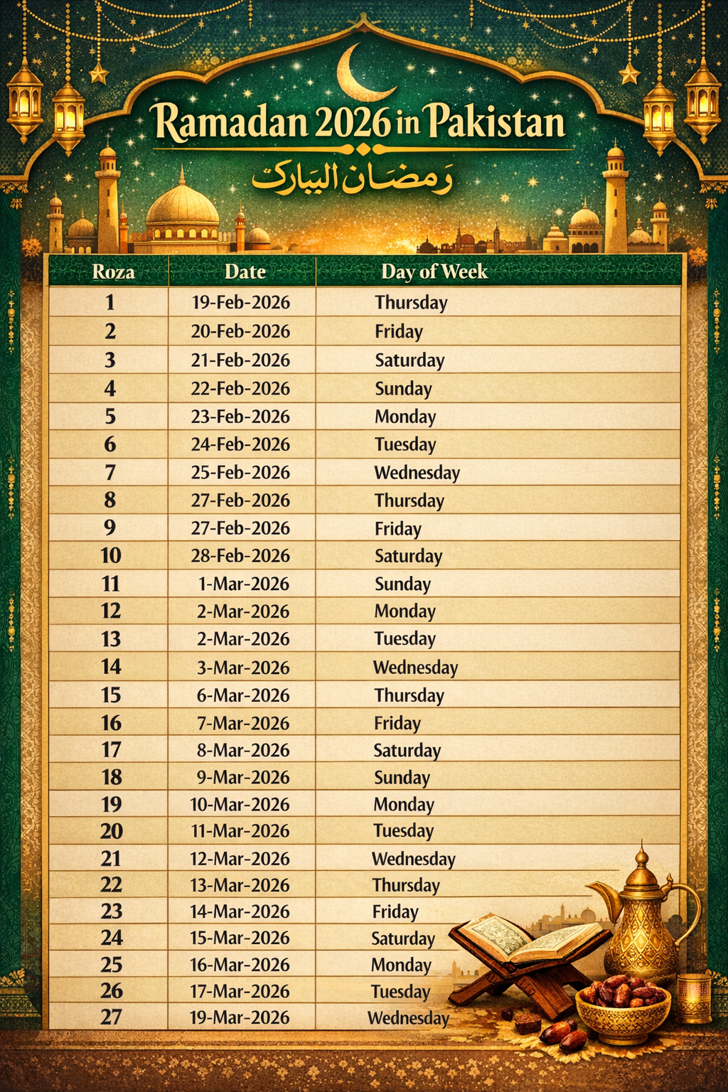 Pakistan Calendar Ramadan 2026
